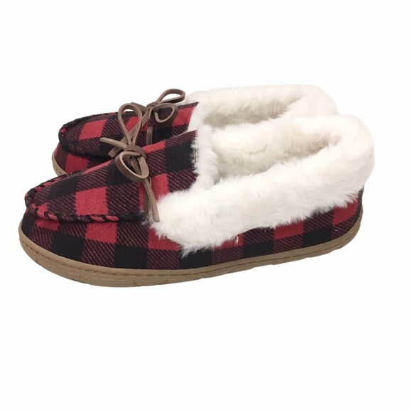 St Johns Bay Slipper House Shoe Women Small 5-6 Buffalo Plaid Moccasin Faux Fur - Picture 3 of 9